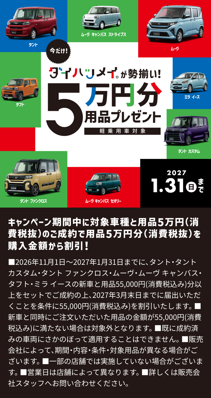キャンペーン期間中に対象車種と用品5万円（消費税抜）のご成約で用品5万円分（消費税抜）を購入金額から割引!